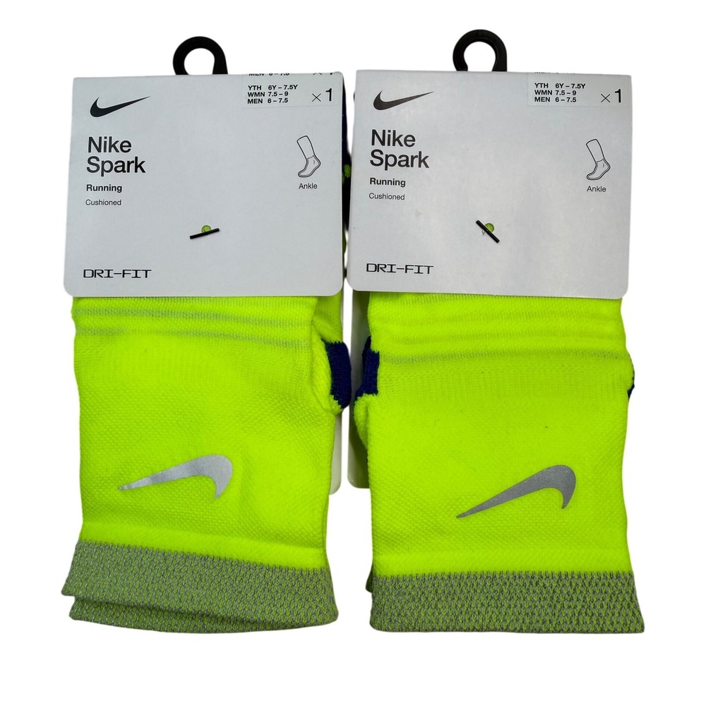 2pk Nike Spark Running Ankle Socks Volt Yellow Blue Dri-FIT Women's 7.5-9